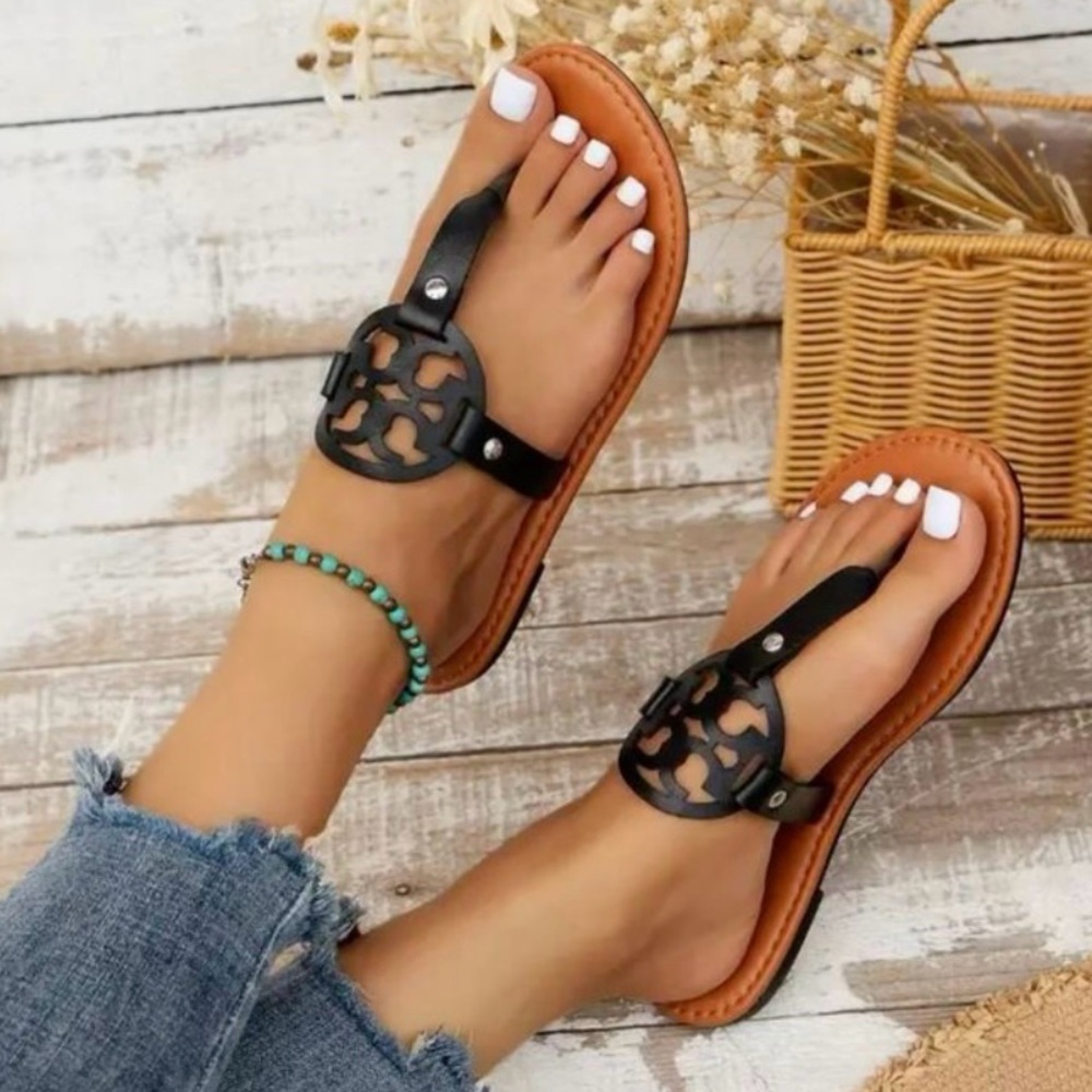 Tory Burch Brown and Blue Sandals with Elegant Cutout Design